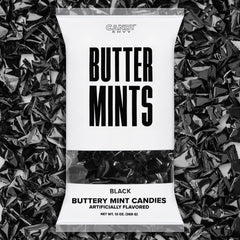 Candy Envy black-wrapped buttermints front view in a 13 oz bag