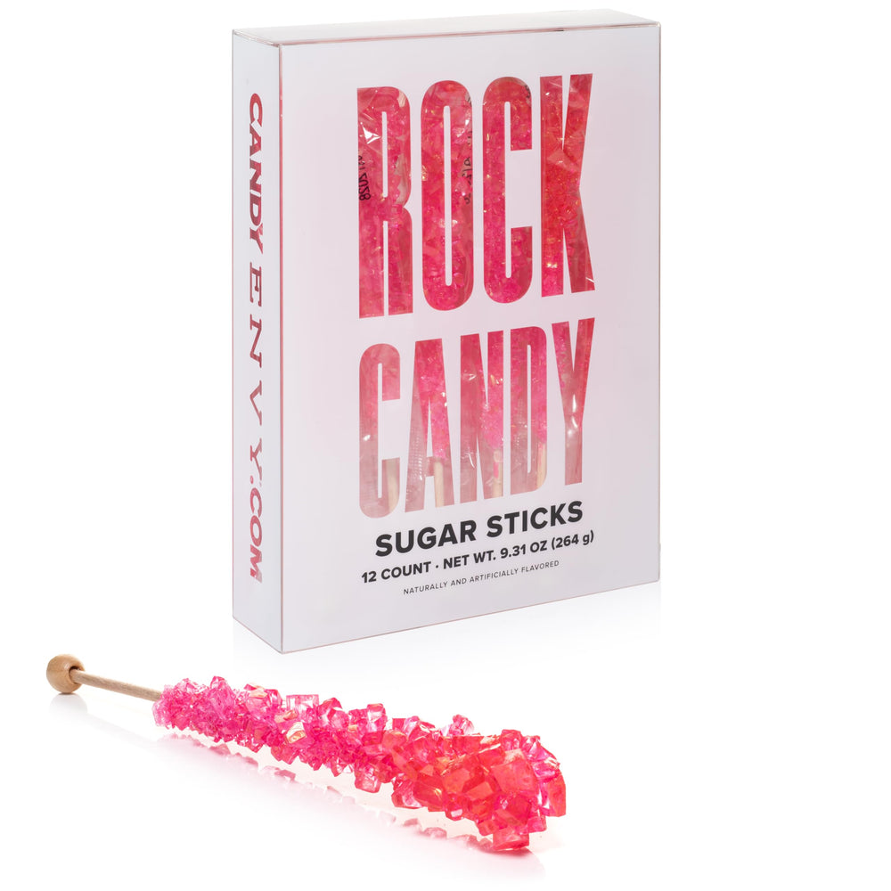 Candy Envy pink rock candy stick cherry, ideal party favor and sweet treat.
