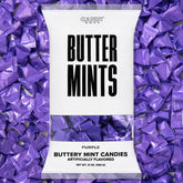 Candy Envy purple-wrapped buttermints front of bag, perfect for weddings or party favors.