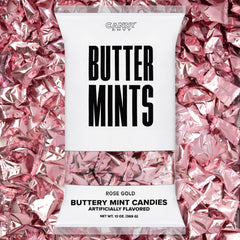 Candy Envy Rose Gold Foil Buttermints bag front showing premium wedding-ready packaging