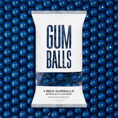 Candy Envy Royal Blue Gumballs 1-inch in a bag, ideal for party displays.