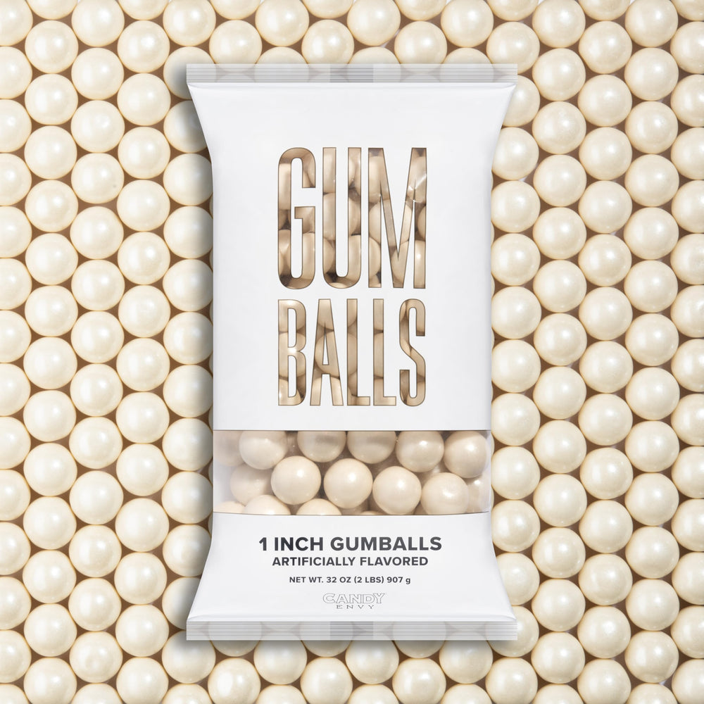 Candy Envy Shimmer White Gumballs close-up showing glossy finish for snacking