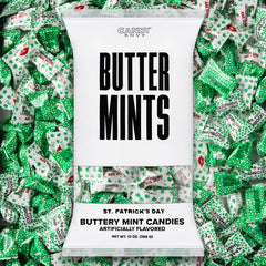 Candy Envy St. Patrick's Day buttermints bag with festive wrapper, great for parties.