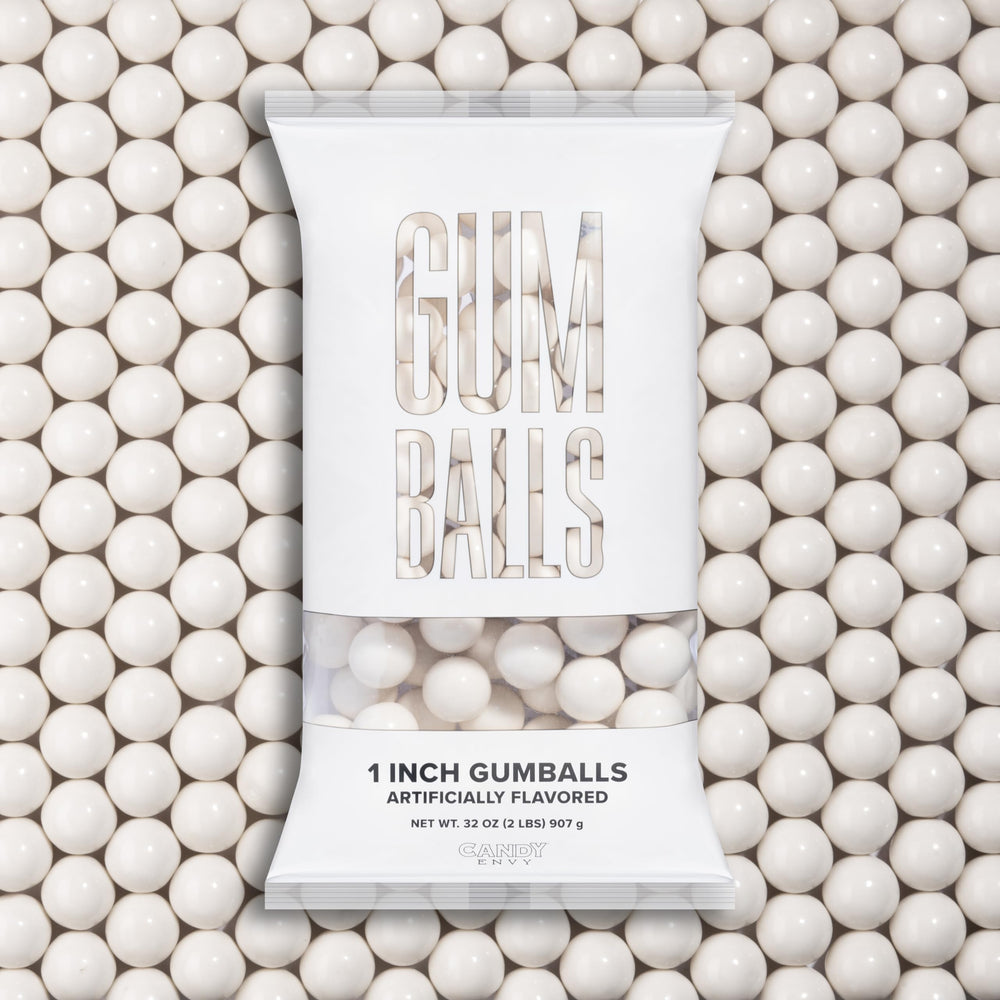 Candy Envy white gumballs in bag show clean, candy-white appeal for events