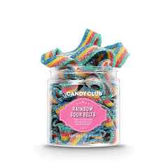 Candy Club gourmet gummy rainbow sour belts in a jar for convenient gifting and on-the-go snacking