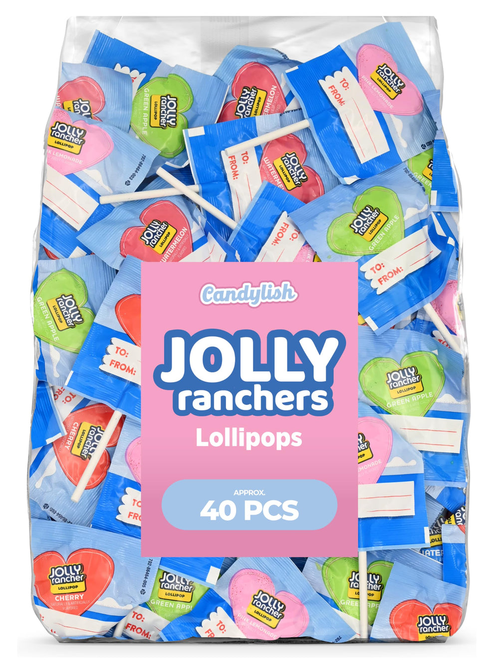 Candylish Jolly Ranchers heart lollipops in a 40-count bag for bulk party favors