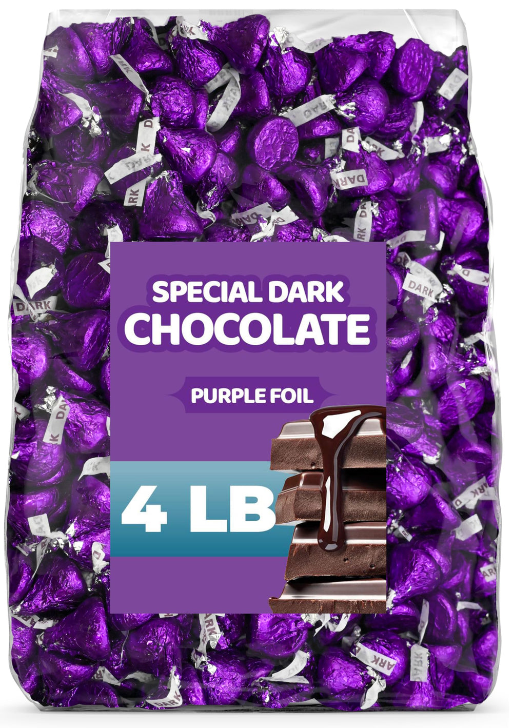 Candylish Special Dark Chocolate bulk with purple foil wrappers, perfect for parties and gifts.