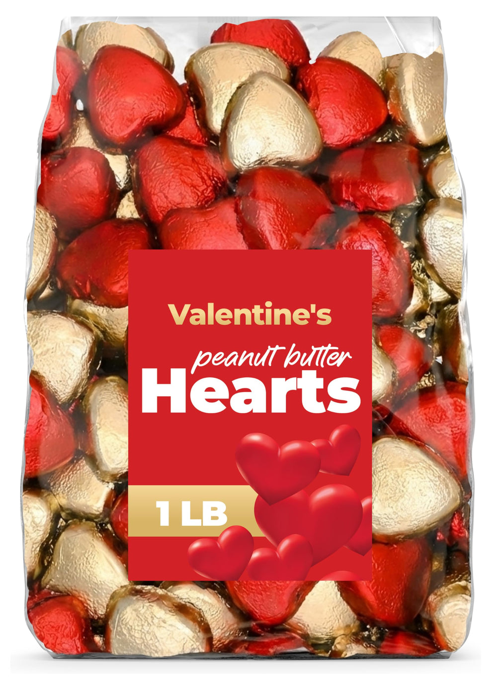 Candylish Valentines Day peanut butter hearts with red and gold foil, ideal for gifting and sharing.