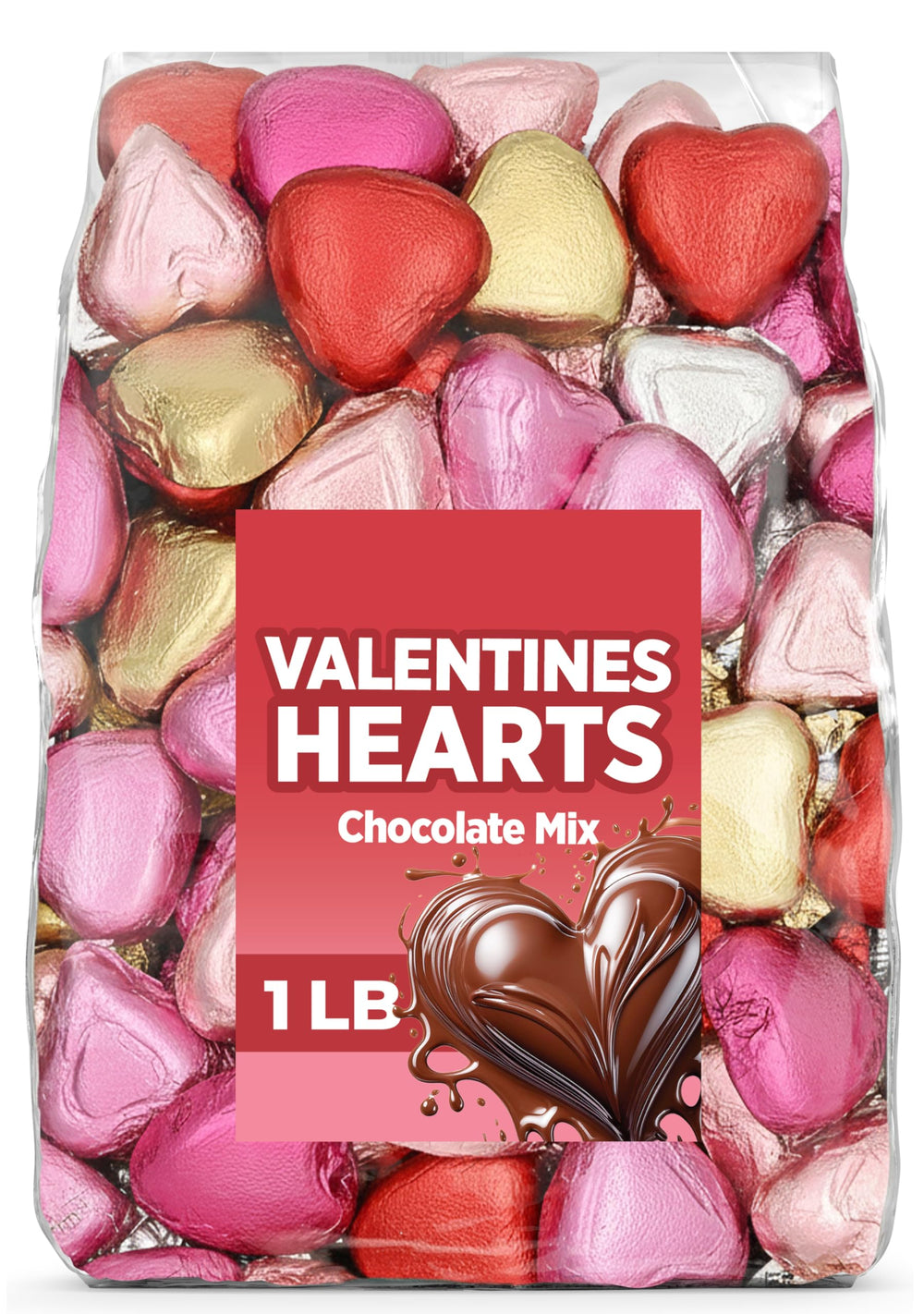 Candylish Valentine's Day milk chocolate hearts in a 1 lb bag, ideal for gifting and celebrations.