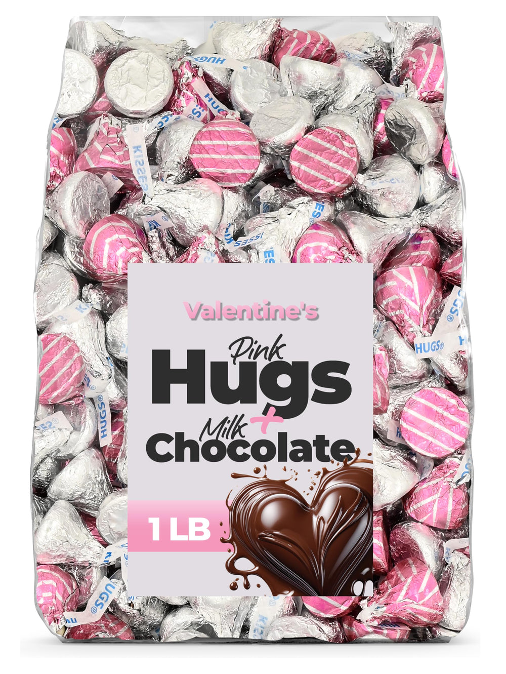 Candylish pink-hugs-milk-chocolate candy in pink wrappers, ideal for Valentine's gifting and sharing.