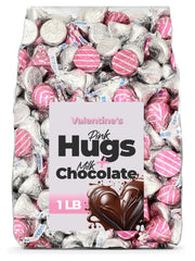 Candylish pink-hugs-milk-chocolate candy in pink wrappers, ideal for Valentine's gifting and sharing.