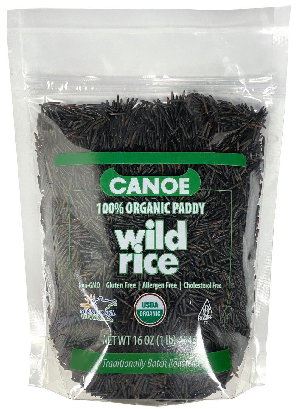 Canoe Wild Rice 1lb package shows pure organic grains for healthy meals