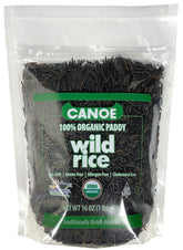 Canoe Wild Rice 1lb package shows pure organic grains for healthy meals