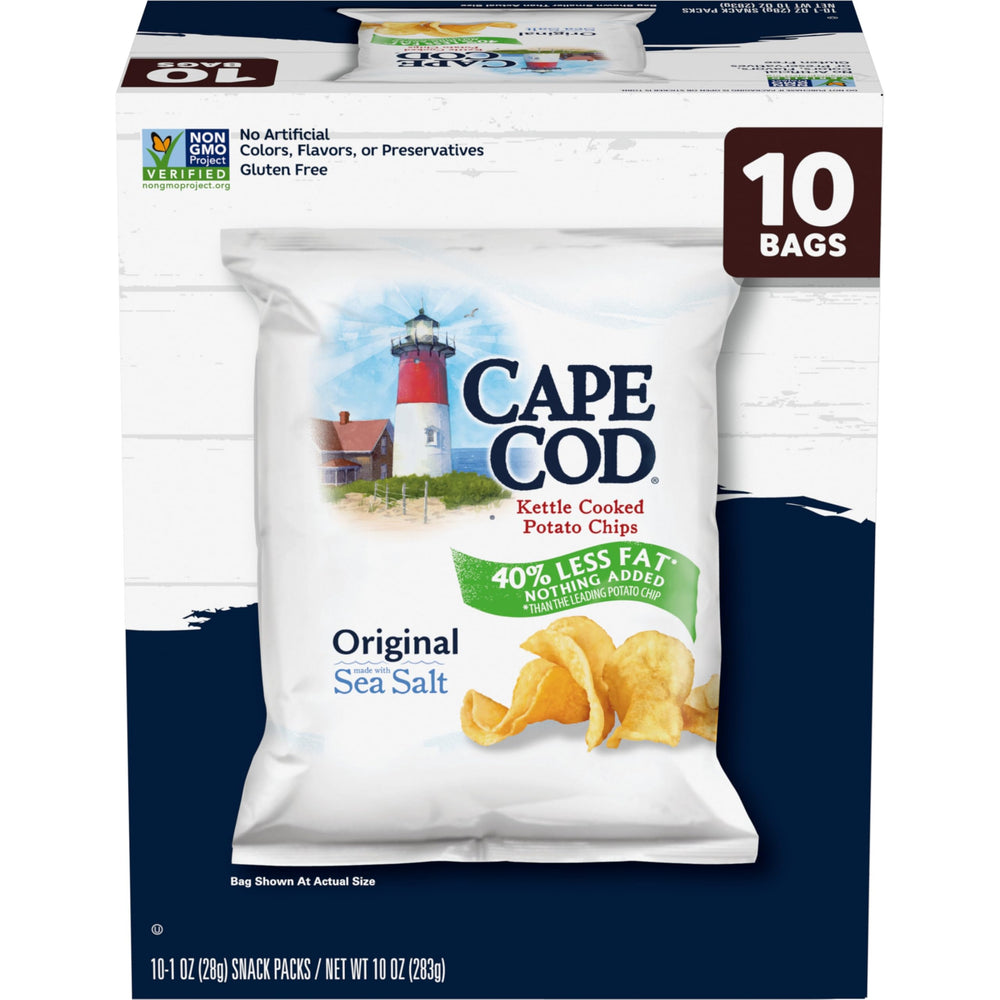 Cape Cod Less Fat Original bags on display, a lighter snack option with familiar crunch.