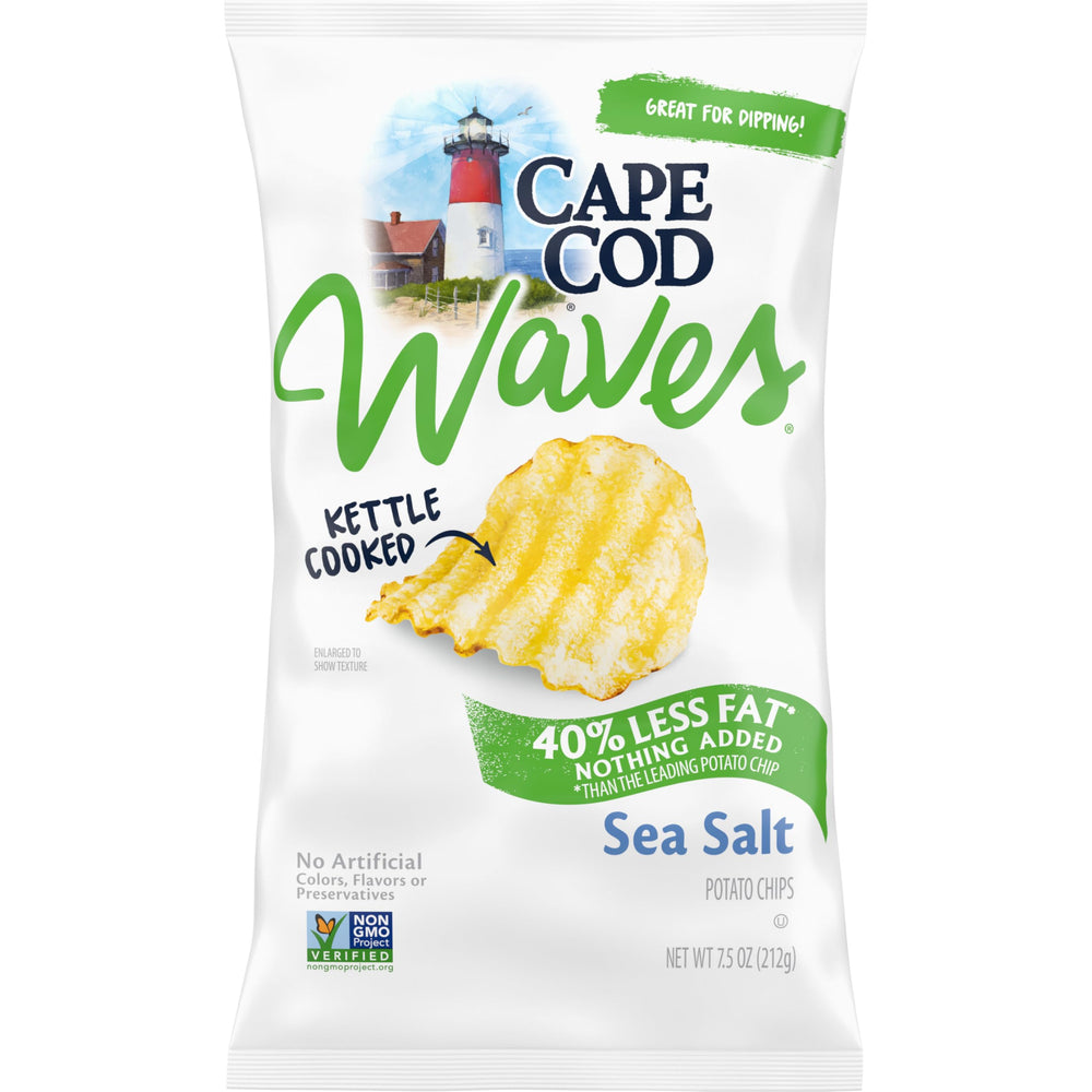 Cape Cod Less Fat Sea Salt Chips in a bag, showcasing crisp texture and portability.