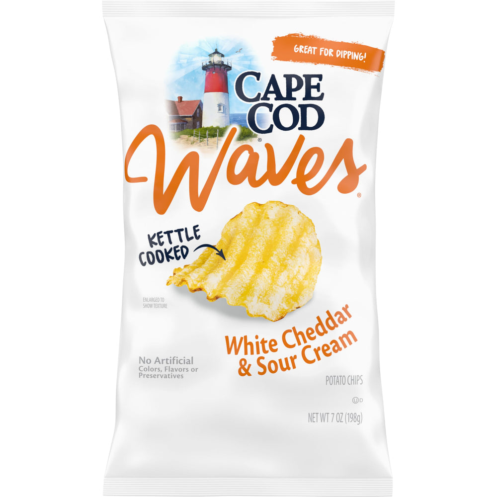 Cape Cod Waves white cheddar sour cream bag front highlights bold flavor and premium packaging.