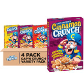 Cap'n Crunch Cinnamon cereal boxes stacked, ideal for a quick, satisfying breakfast.