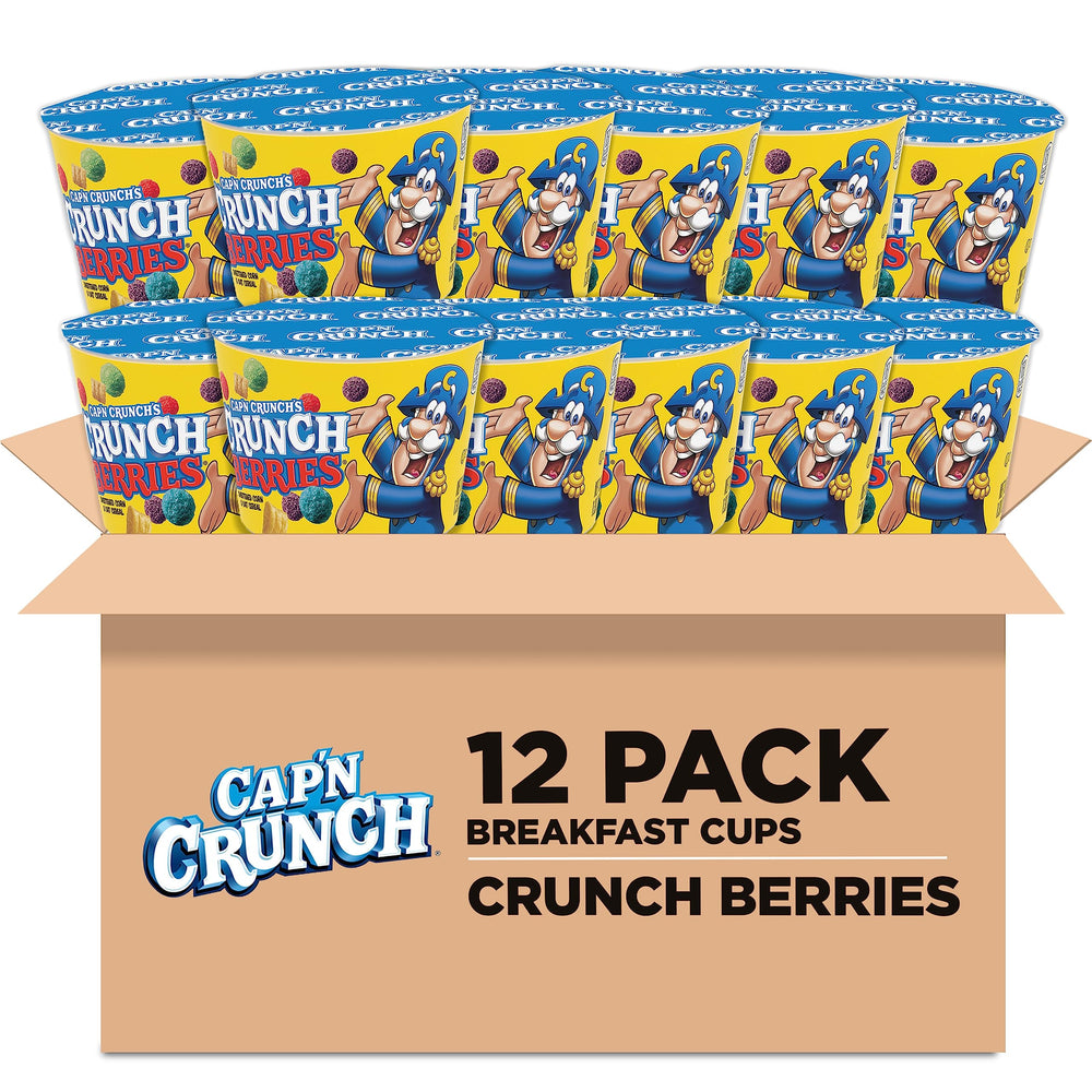 Cap'n Crunch Crunchberries cereal cups in a 12-pack, ideal for quick breakfasts.