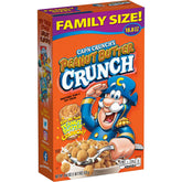Cap'n Crunch Peanut Butter Crunch cereal in a bowl with milk, ideal for quick mornings.