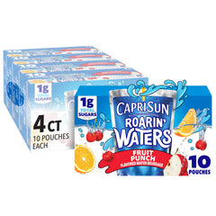 Capri Sun Roarin' Waters Fruit Punch pouch close-up for refreshing school-day hydration.