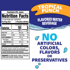 Capri Sun Roarin' Waters pouch back shows nutrition and sugar per pouch.