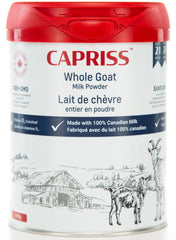 Capriss whole goat milk powder bottle shows creamy texture for easy rehydration.