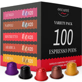 Capsucup Occaffe variety pack box displays the 100-capsule assortment for versatile espresso at home.