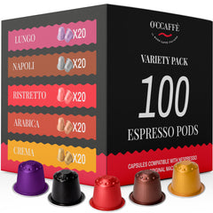 Capsucup Occaffe variety pack box displays the 100-capsule assortment for versatile espresso at home.