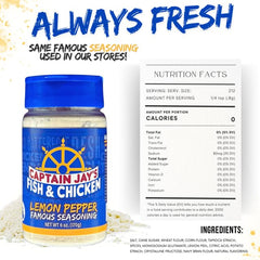 Captain Jay's Lemon Pepper shaker bottle—easy to sprinkle for precise flavoring.