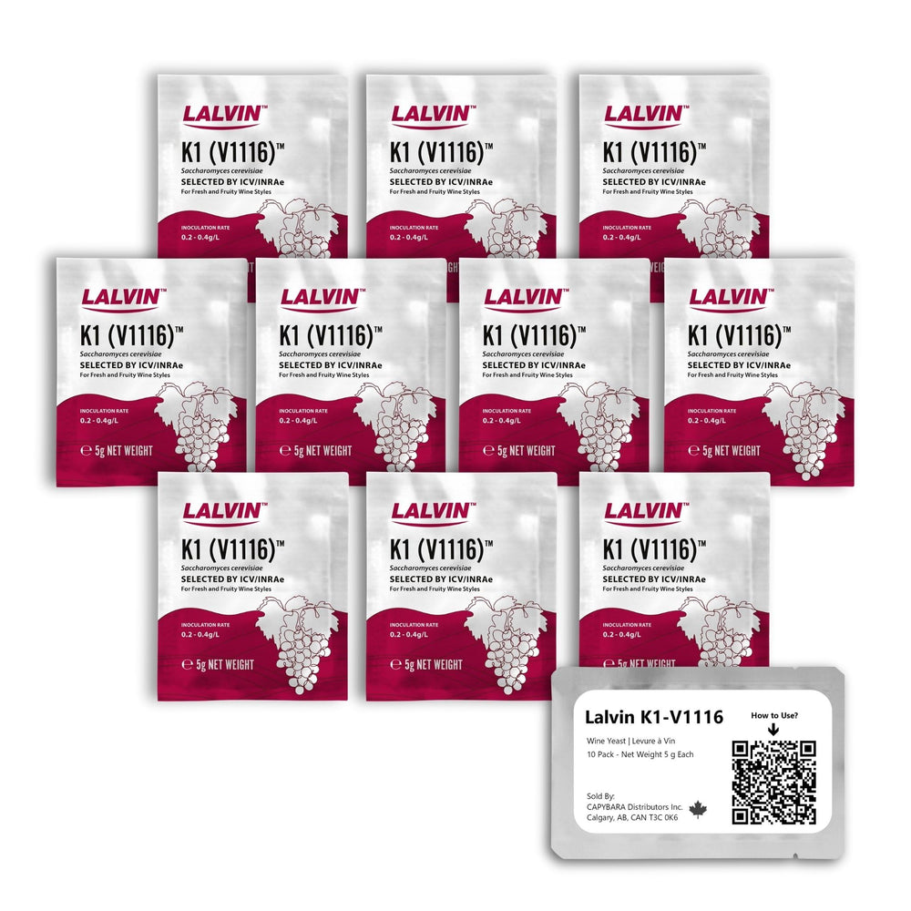CAPYBARA Lalvin K1-V1116 wine yeast sachets for home fermentation and reliable yields.