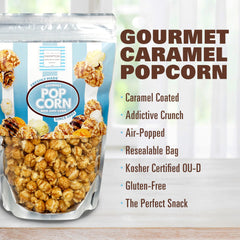 Caramel popcorn in resealable bag, ideal for travel.