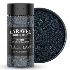 Caravel Gourmet Black Lava Sea Salt bottle adds smoky finishing touch.