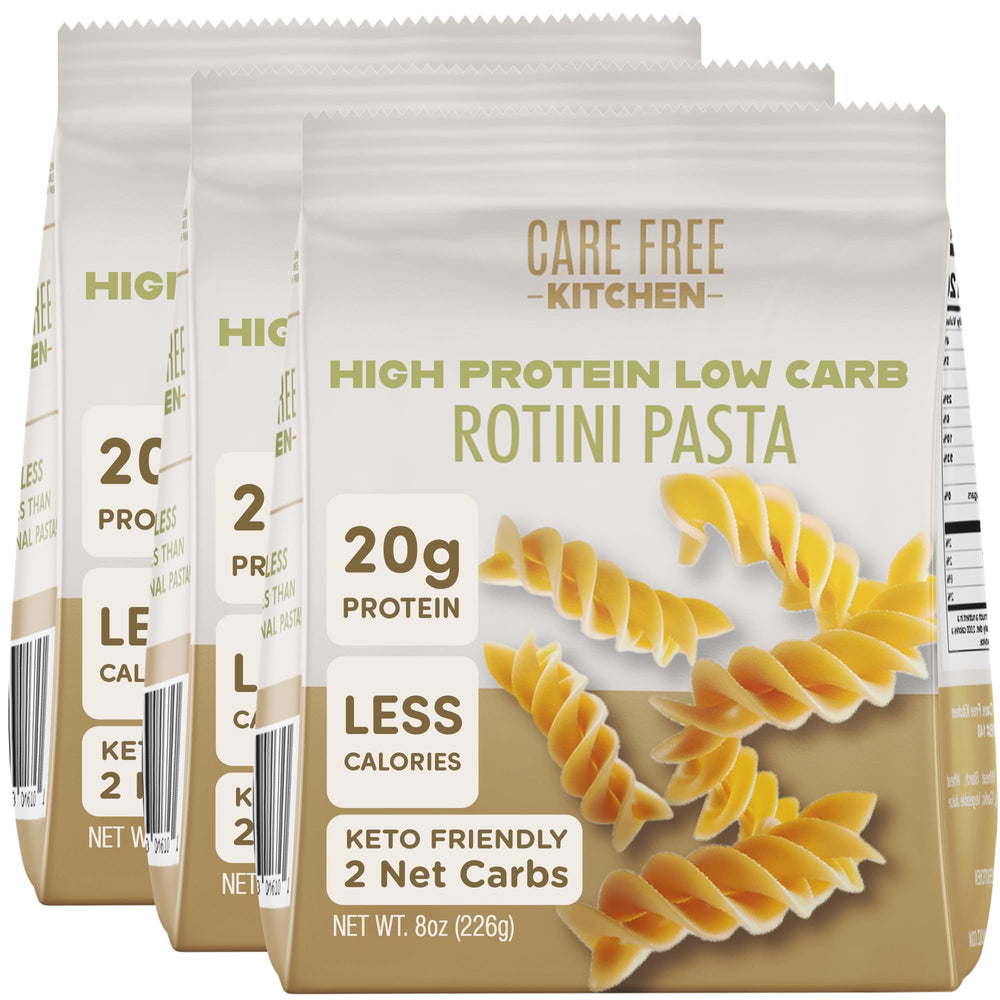 Care Free Kitchen plain rotini pasta three-pack on shelf for easy meal planning.