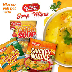 Close-up of Caribbean Dreams Cock Soup sachets highlighting spices and convenience