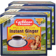 Caribbean Dreams instant ginger tea bag steeping in hot water for a bold, unsweetened, refreshing cup