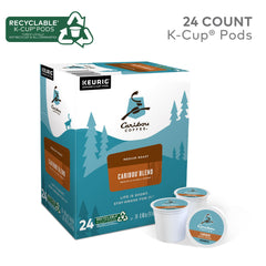 Caribou Blend aroma bag showcases inviting roast for quick mornings.
