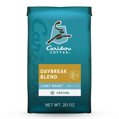 Caribou Coffee Daybreak bag front, 20-ounce packaging signaling a light roast for a gentle morning boost.