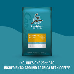 Caribou Coffee Daybreak label detail emphasizing small-batch roast and 100% Arabica quality.