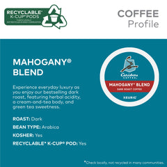 Caribou Coffee Mahogany K-Cup pod label highlighting sustainability notes
