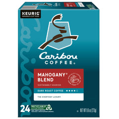 Front view of Caribou Mahogany pods package showing convenient 24-count packaging