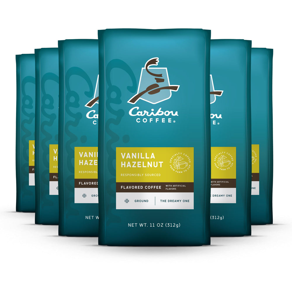 Caribou Coffee Vanilla Hazelnut Dreamstate packaging shows six bags for easy restocking.