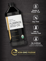 Close-up of Carlyle oil label highlighting organic, gluten-free, non-GMO qualities.