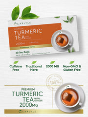 Carlyle turmeric tea bags closeup highlighting vibrant turmeric and ginger