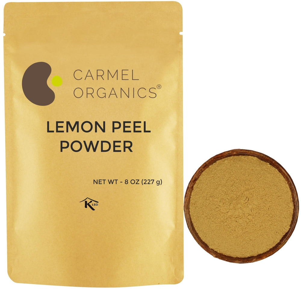 Carmel Organics Lemon Peel Powder 8 oz front view for DIY skin care and gentle exfoliation.
