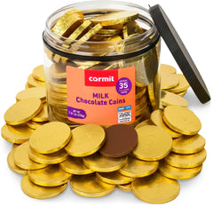 Carmit Gold Real Milk Chocolate Coins in a resealable tub for sharing and gifting