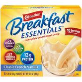 Carnation Breakfast Essentials Classic French Vanilla 2-pack box on kitchen counter for quick morning nutrition