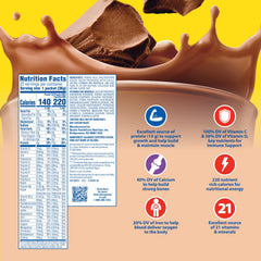 Carnation Breakfast Essentials glass shows a prepared Rich Milk Chocolate drink for a quick breakfast.