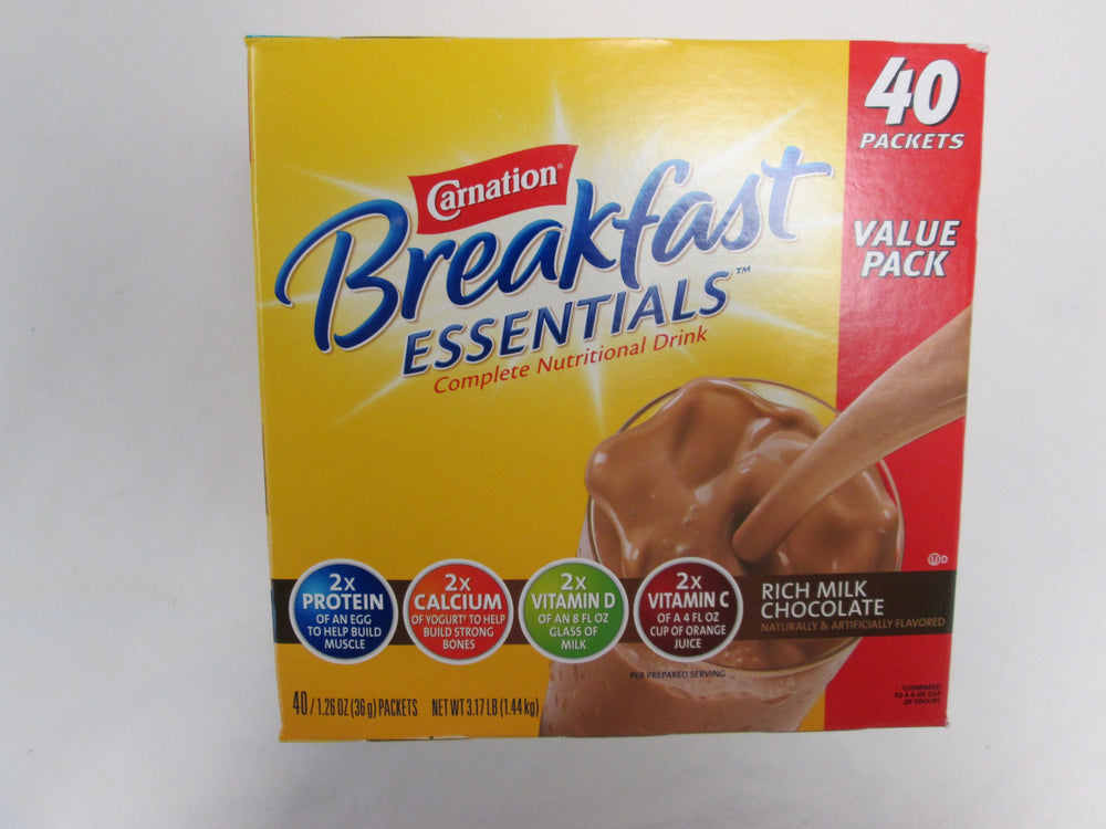 Carnation Breakfast Essentials Rich Milk Chocolate packets for quick protein-boost breakfasts.
