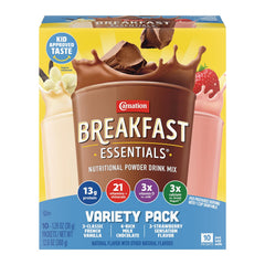 Carnation Breakfast Essentials rich milk chocolate packets for on-the-go energy and protein.