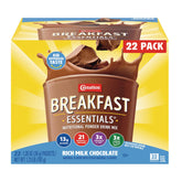 Carnation Breakfast Essentials rich milk chocolate powder packet closeup for protein boost at breakfast.